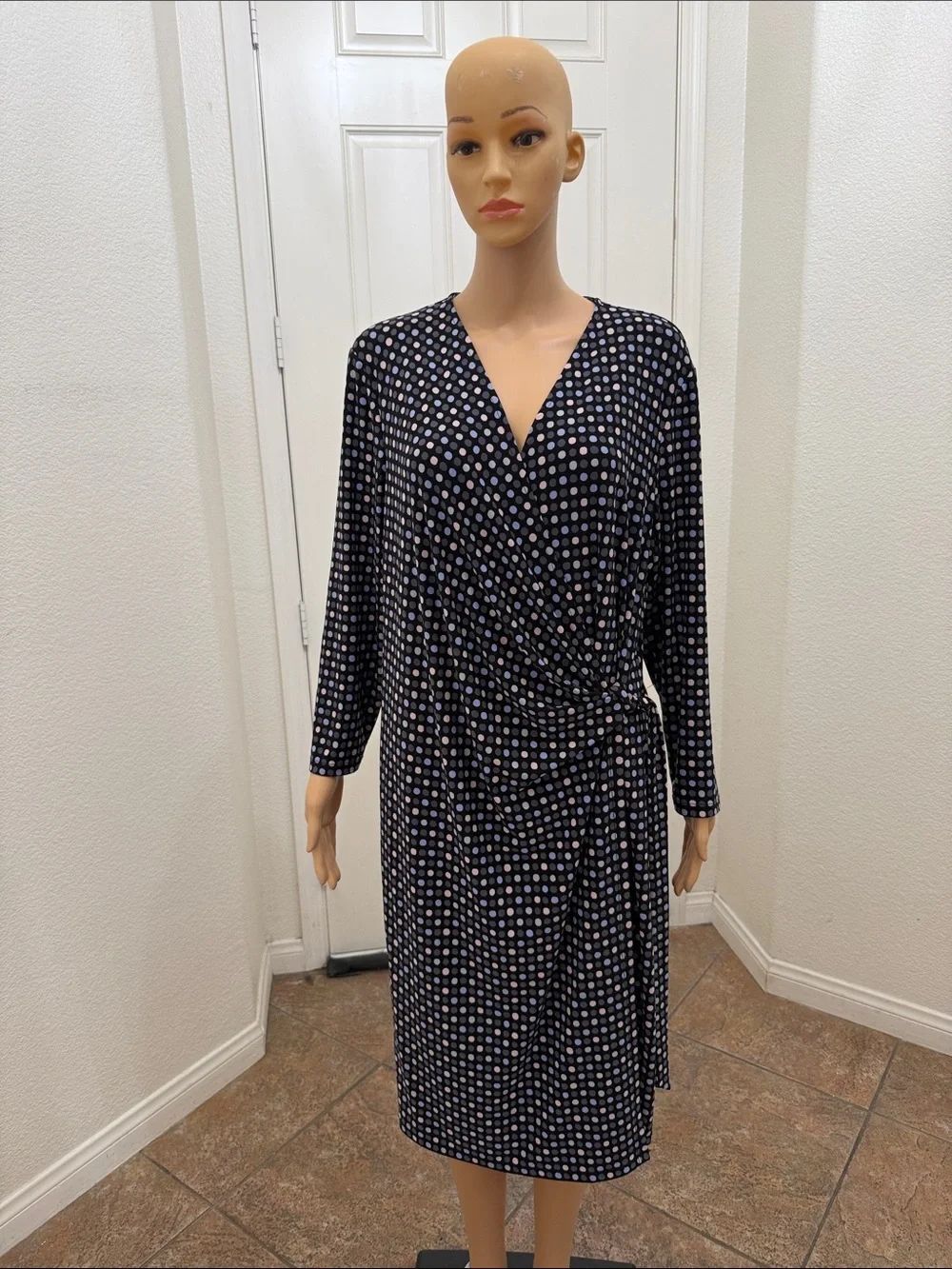Anne Klein Navy Wrap Midi Dress Blue Tan Polka Dots Long Sleeve Midi Sz XLarge
